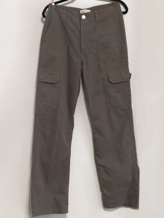 Zara Pants - ZARA Wide Leg Cargo Pants Beige Size 6 EU 38 Dark Khaki Casual Y2K Relaxed Fit